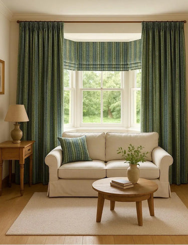 Made-to-measure sage green curtains and Roman blind in patterned stripe fabric – custom window treatments shown in a modern country living room setting